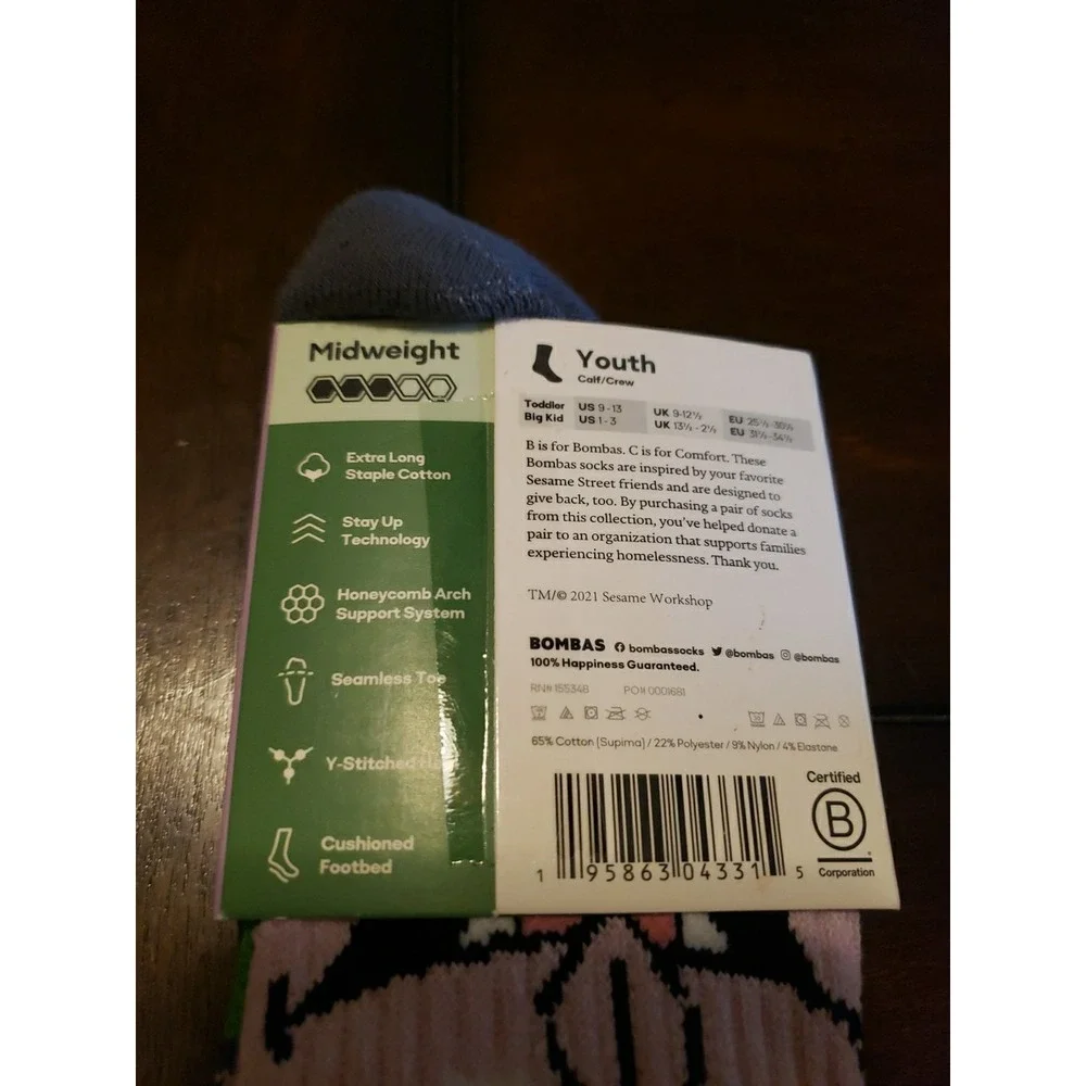 Bombas X Sesame Street‎ The Count Socks Size Youth Calf Crew Midweight